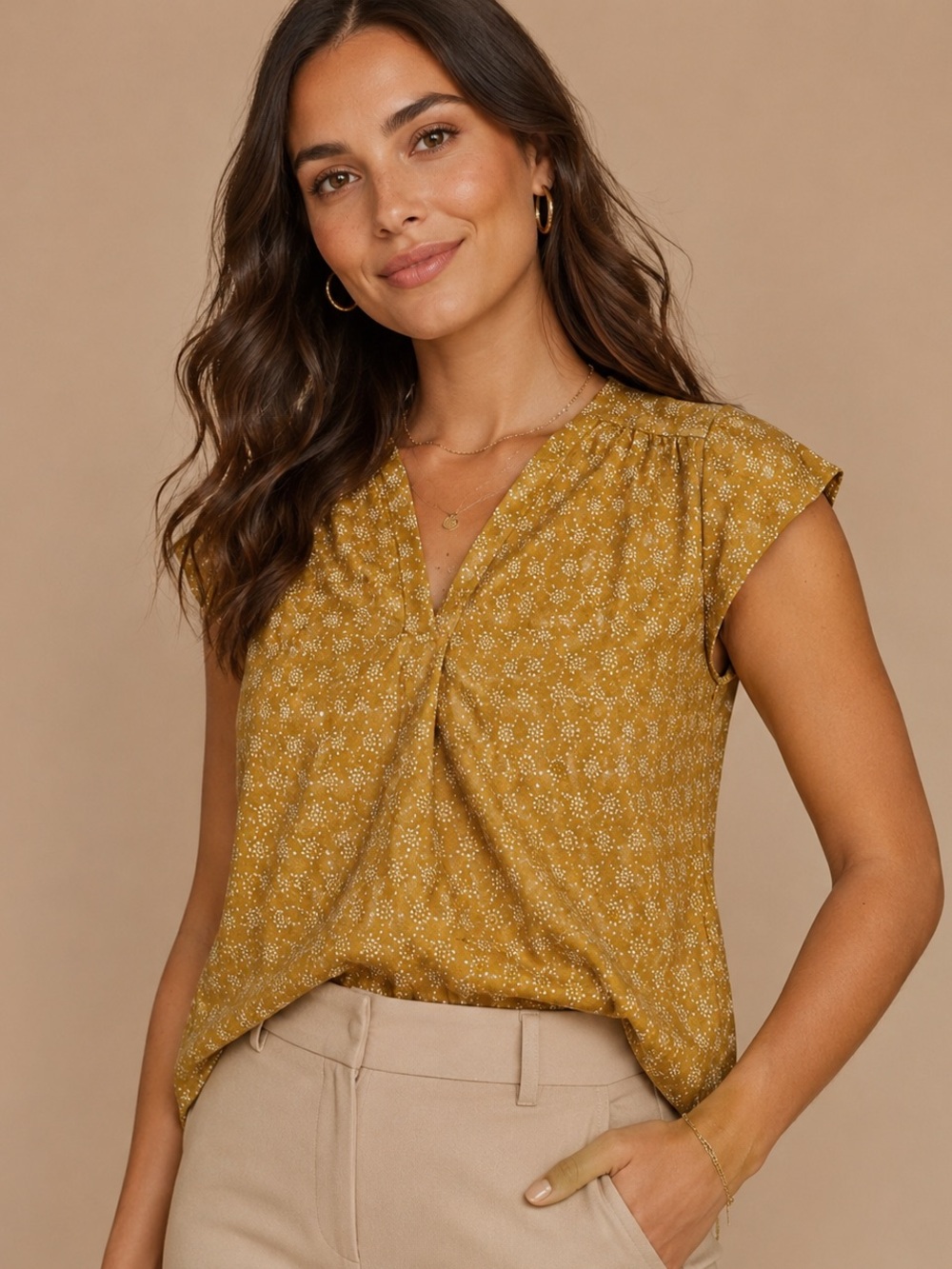 Fun2Fun Mustard Floral V-Neck Blouse Size L Cottagecore Workwear Top